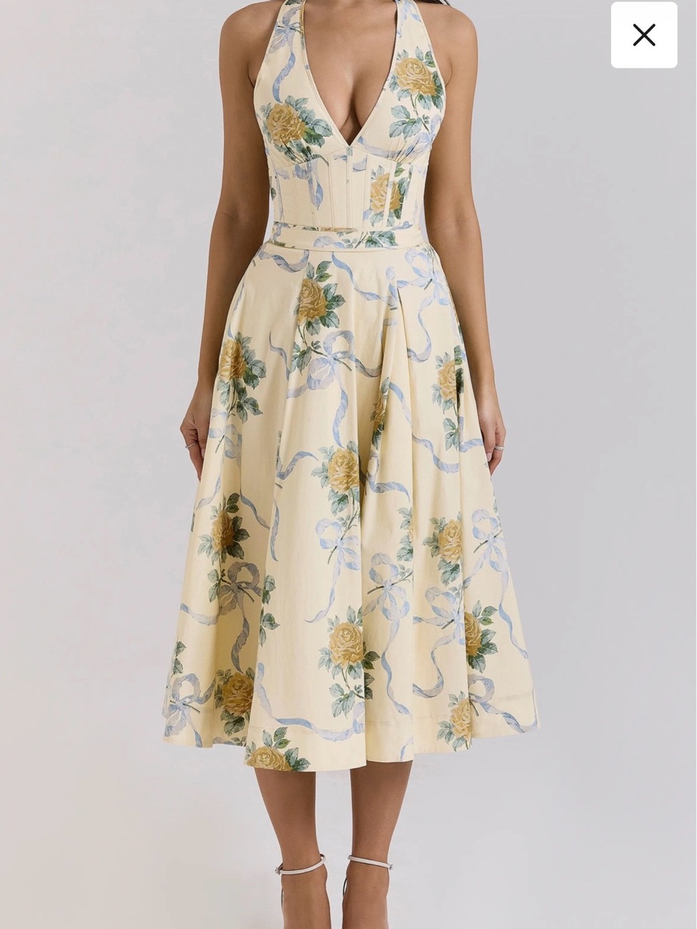 House of CB Allena Lemon Ribbon Stretch Cotton Halter Midi Sundress